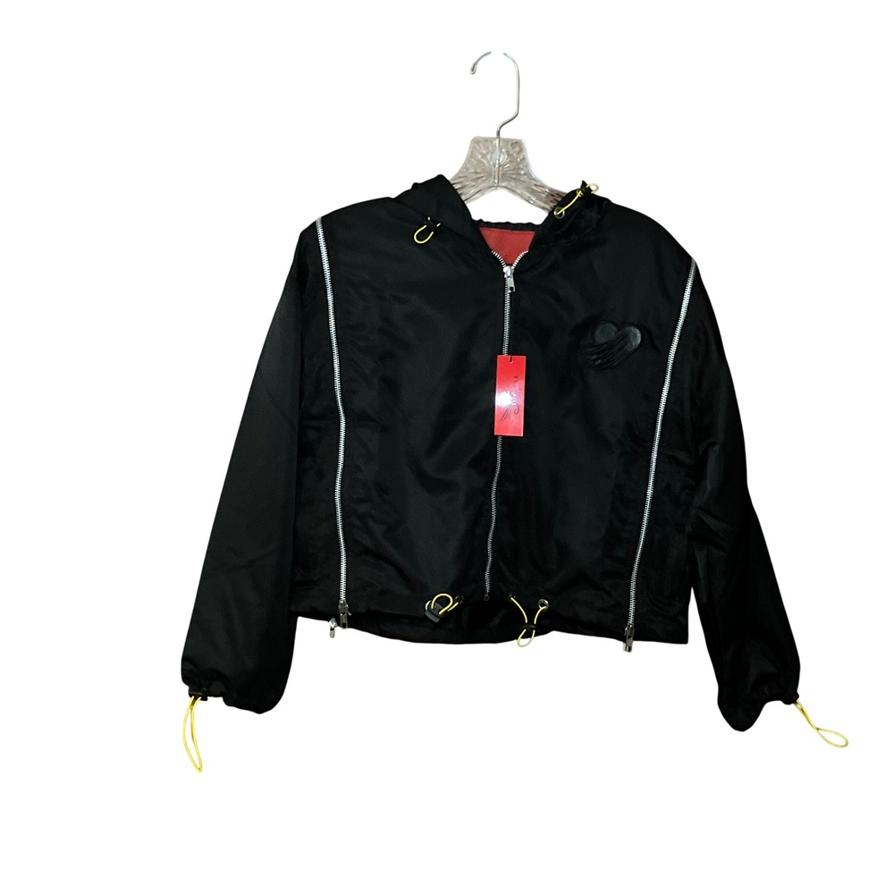 Diverse Angel Windbreaker Jacket Womens L Black NEW Multi-Zipper Hooded Cropped